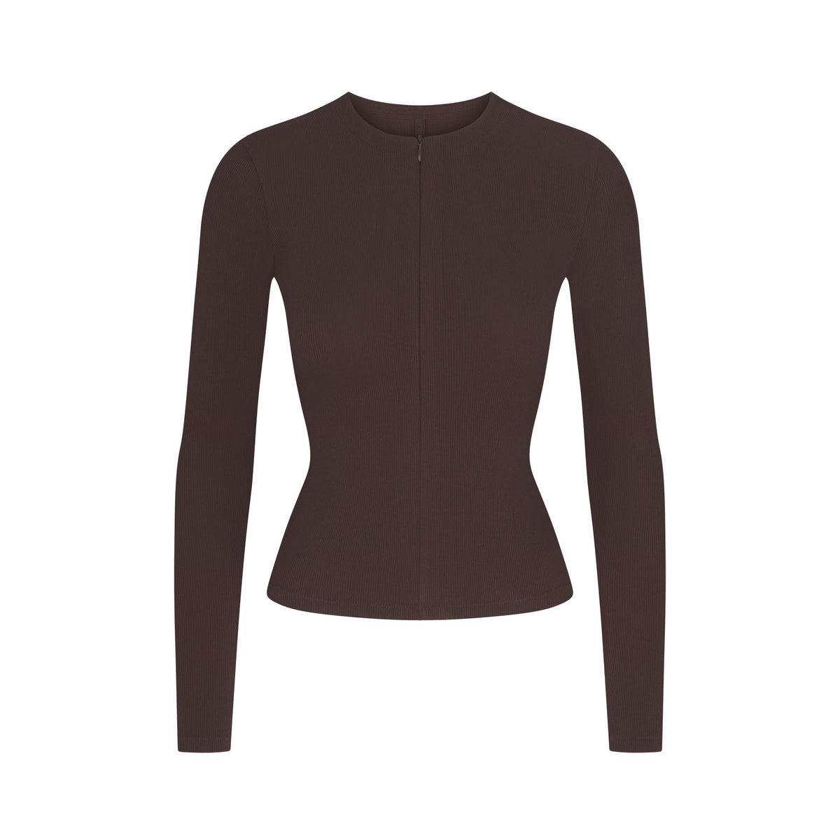 COTTON RIB ZIP UP TOP | ESPRESSO FLAT ON A WHITE BACKGROUND | FLT