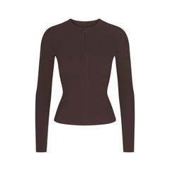 COTTON RIB ZIP UP TOP | ESPRESSO FLAT ON A WHITE BACKGROUND | FLT