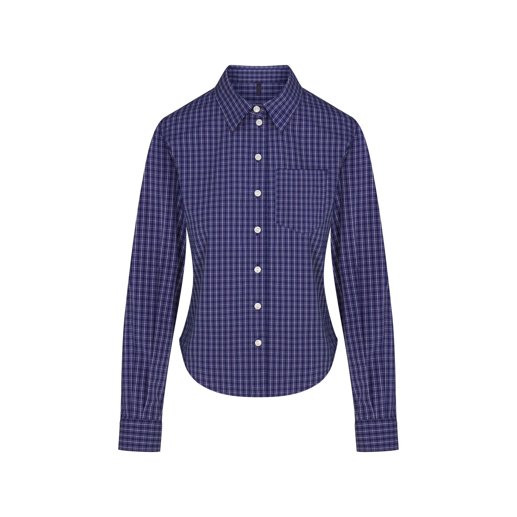 COTTON POPLIN SHRUNKEN BUTTON UP SHIRT | NAVY CHECK FLAT ON A WHITE BACKGROUND | FLT