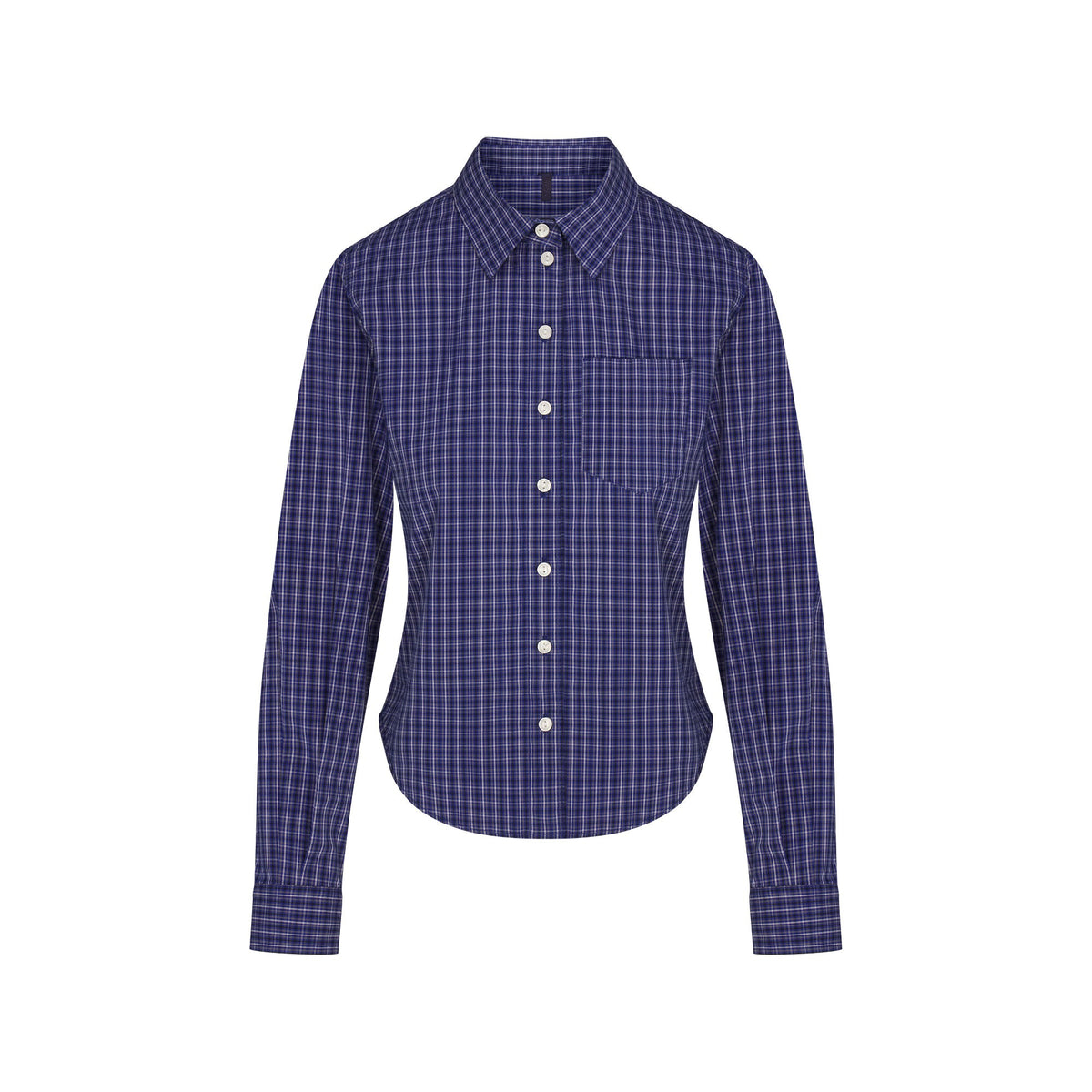 COTTON POPLIN SHRUNKEN BUTTON UP SHIRT | NAVY CHECK FLAT ON A WHITE BACKGROUND | FLT