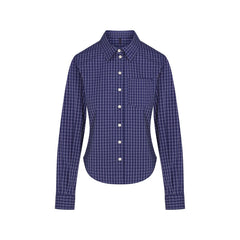 COTTON POPLIN SHRUNKEN BUTTON UP SHIRT | NAVY CHECK FLAT ON A WHITE BACKGROUND | FLT