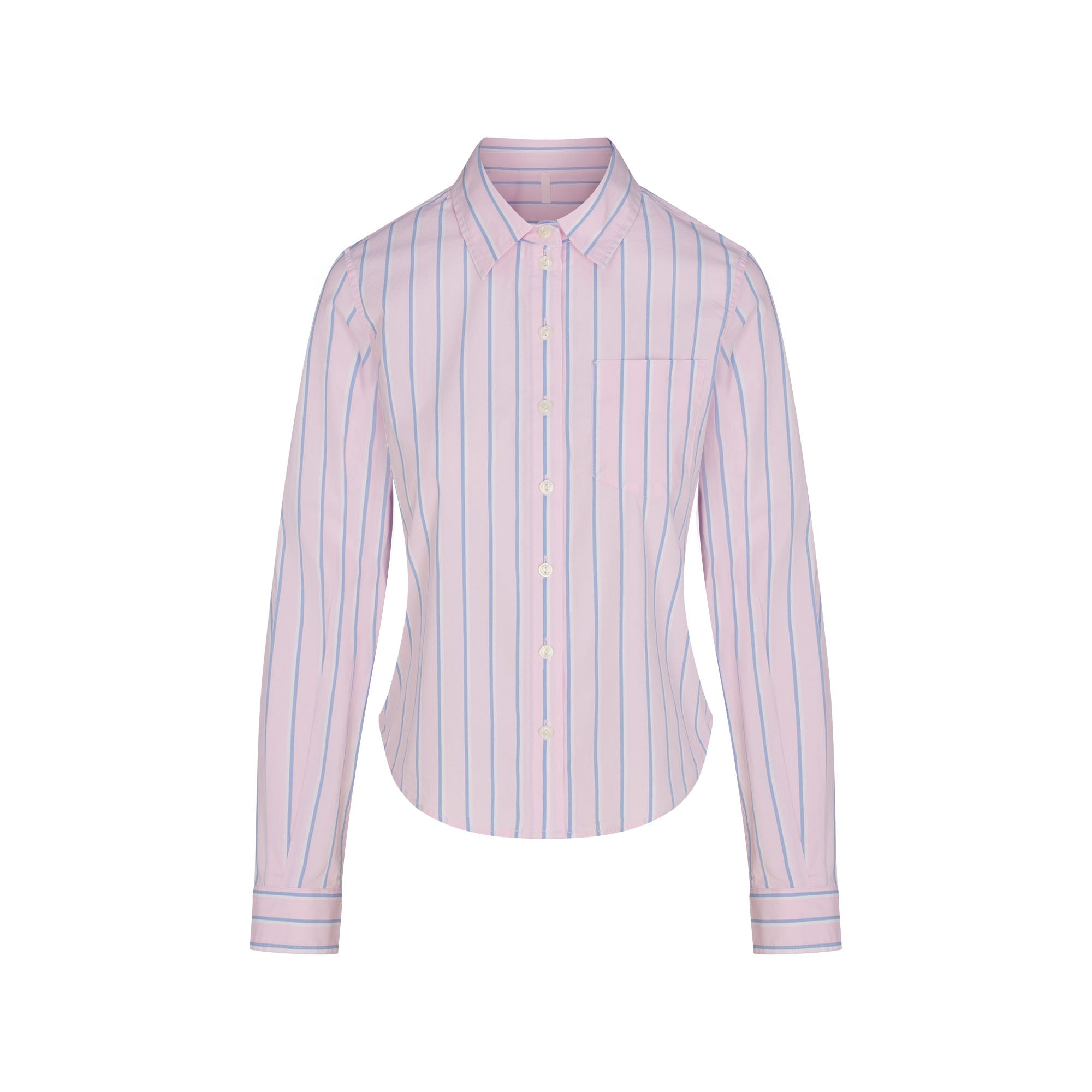 COTTON POPLIN SHRUNKEN BUTTON UP SHIRT | PINK TULLE WIDE STRIPE & LAYS FLAT ON A WHITE BACKGROUND | FLT