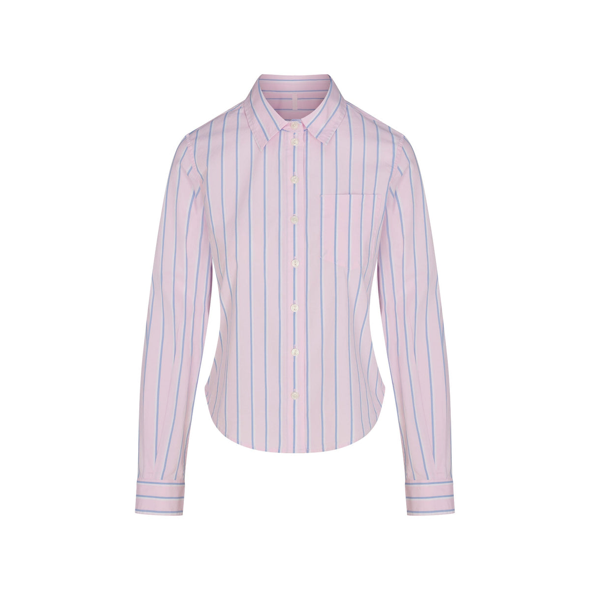 COTTON POPLIN SHRUNKEN BUTTON UP SHIRT | PINK TULLE WIDE STRIPE & LAYS FLAT ON A WHITE BACKGROUND | FLT