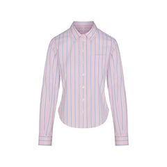 COTTON POPLIN SHRUNKEN BUTTON UP SHIRT | PINK TULLE WIDE STRIPE & LAYS FLAT ON A WHITE BACKGROUND | FLT