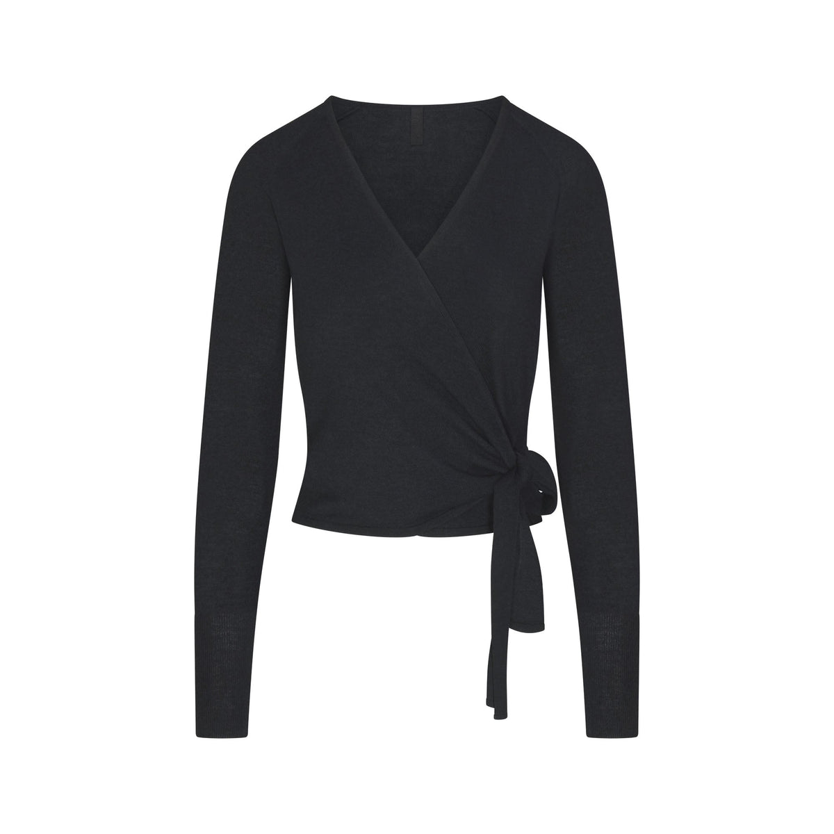 ESSENTIAL SWEATERS WRAP SWEATER | ONYX & LAYS FLAT ON A WHITE BACKGROUND | FLT