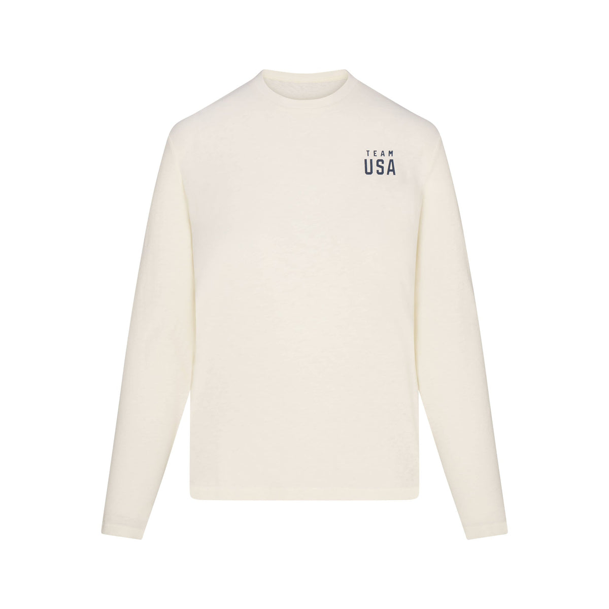 SKIMS FOR TEAM USA WORN IN JERSEY OLYMPIC LONG SLEEVE T-SHIRT | ECRUFLAT ON A WHITE BACKGROUND | FLT