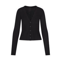 FEATHERWEIGHT CASHMERE CARDIGAN | ONYX FLAT ON A WHITE BACKGROUND | FLT