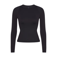 NikeSKIMS AIRY LONG SLEEVE CREW NECK TOP | OBSIDIAN FLAT ON A WHITE BACKGROUND | FLT