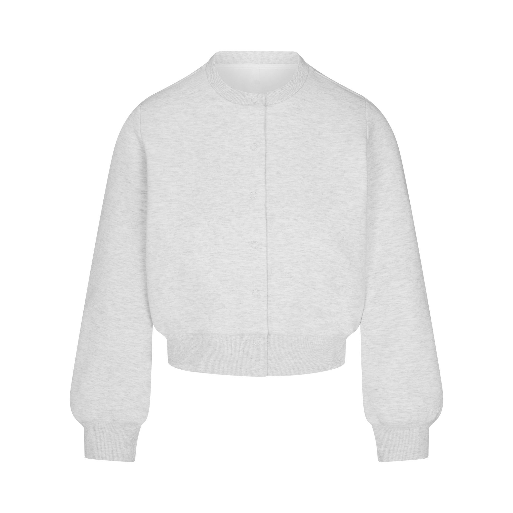 COTTON FLEECE SHRUNKEN CARDIGAN | LIGHT HEATHER GREY FLAT ON A WHITE BACKGROUND | FLT