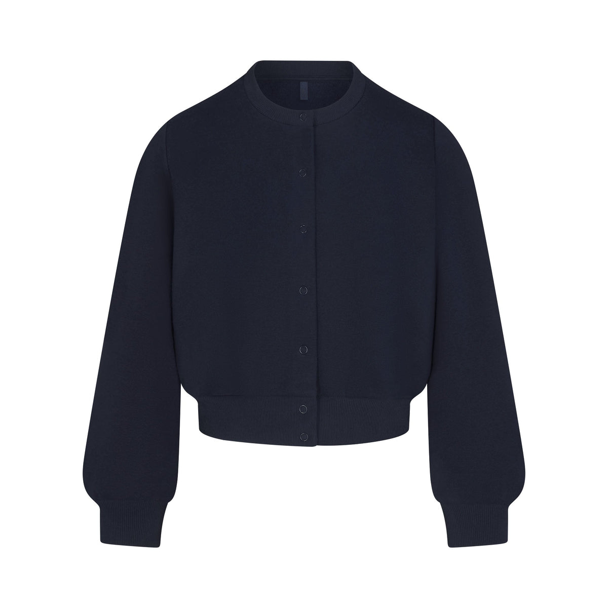 COTTON FLEECE SHRUNKEN CARDIGAN | NAVY & LAYS FLAT ON A WHITE BACKGROUND | FLT