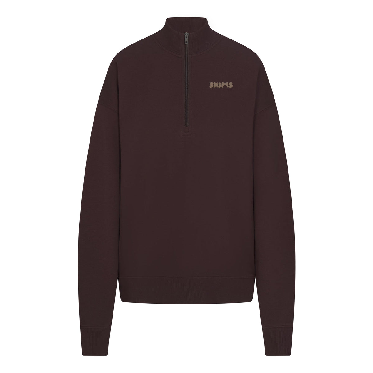 COTTON FLEECE MOCK NECK QUARTER ZIP WITH EMBOSSED LOGO | ESPRESSO FLAT ON A WHITE BACKGROUND | FLT
