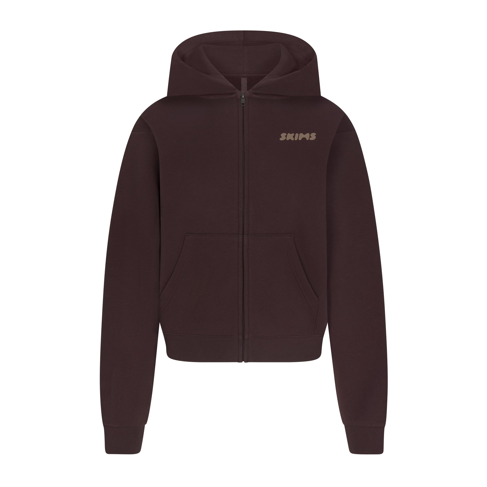 COTTON FLEECE ZIP UP HOODIE WITH EMBOSSED LOGO | ESPRESSO FLAT ON A WHITE BACKGROUND | FLT