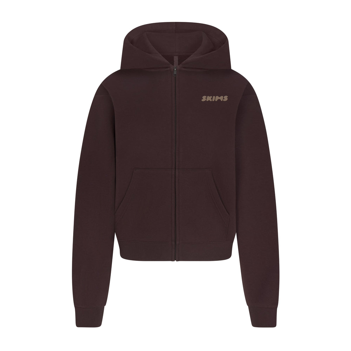 COTTON FLEECE ZIP UP HOODIE WITH EMBOSSED LOGO | ESPRESSO FLAT ON A WHITE BACKGROUND | FLT