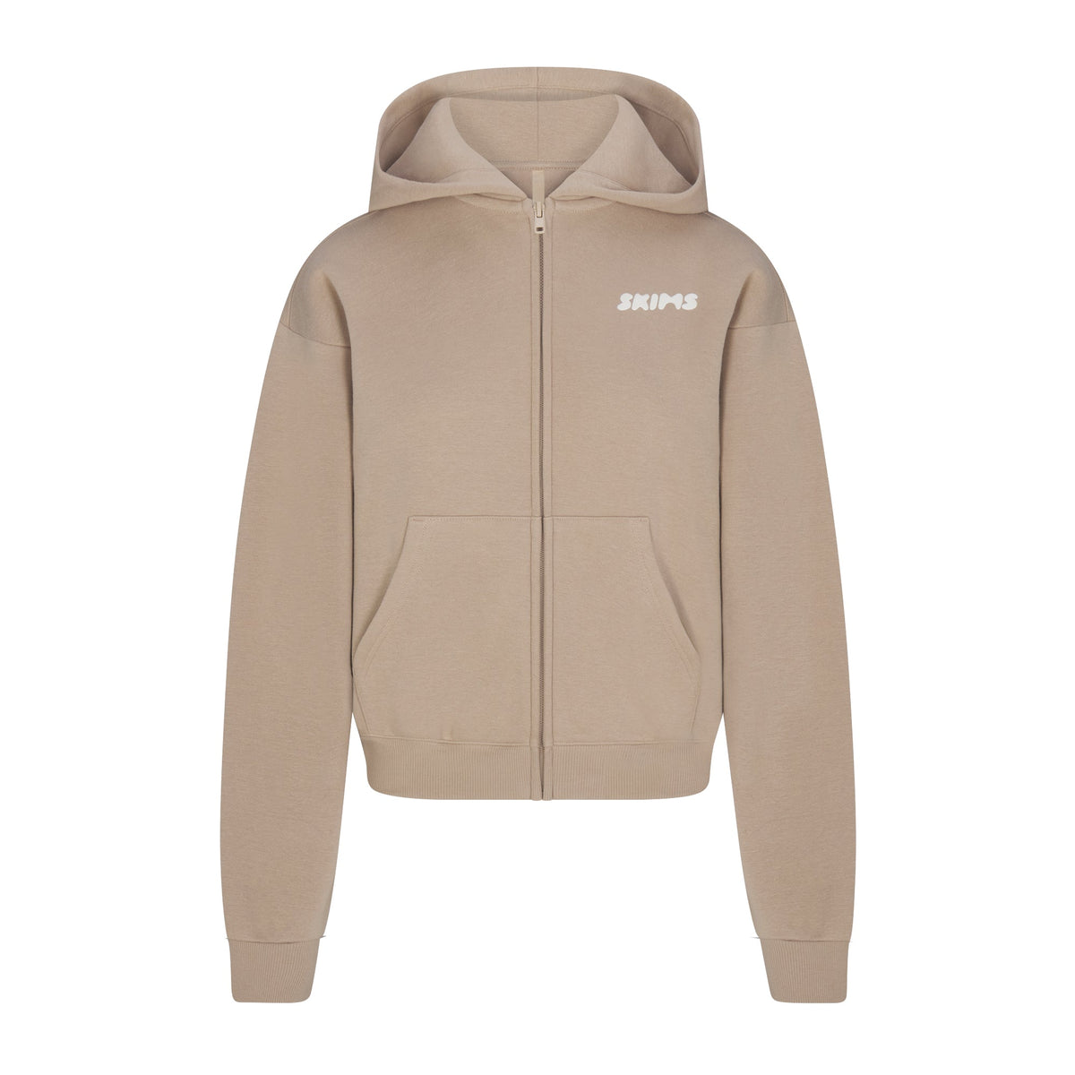 COTTON FLEECE ZIP UP HOODIE WITH EMBOSSED LOGO | LATTE FLAT ON A WHITE BACKGROUND | FLT