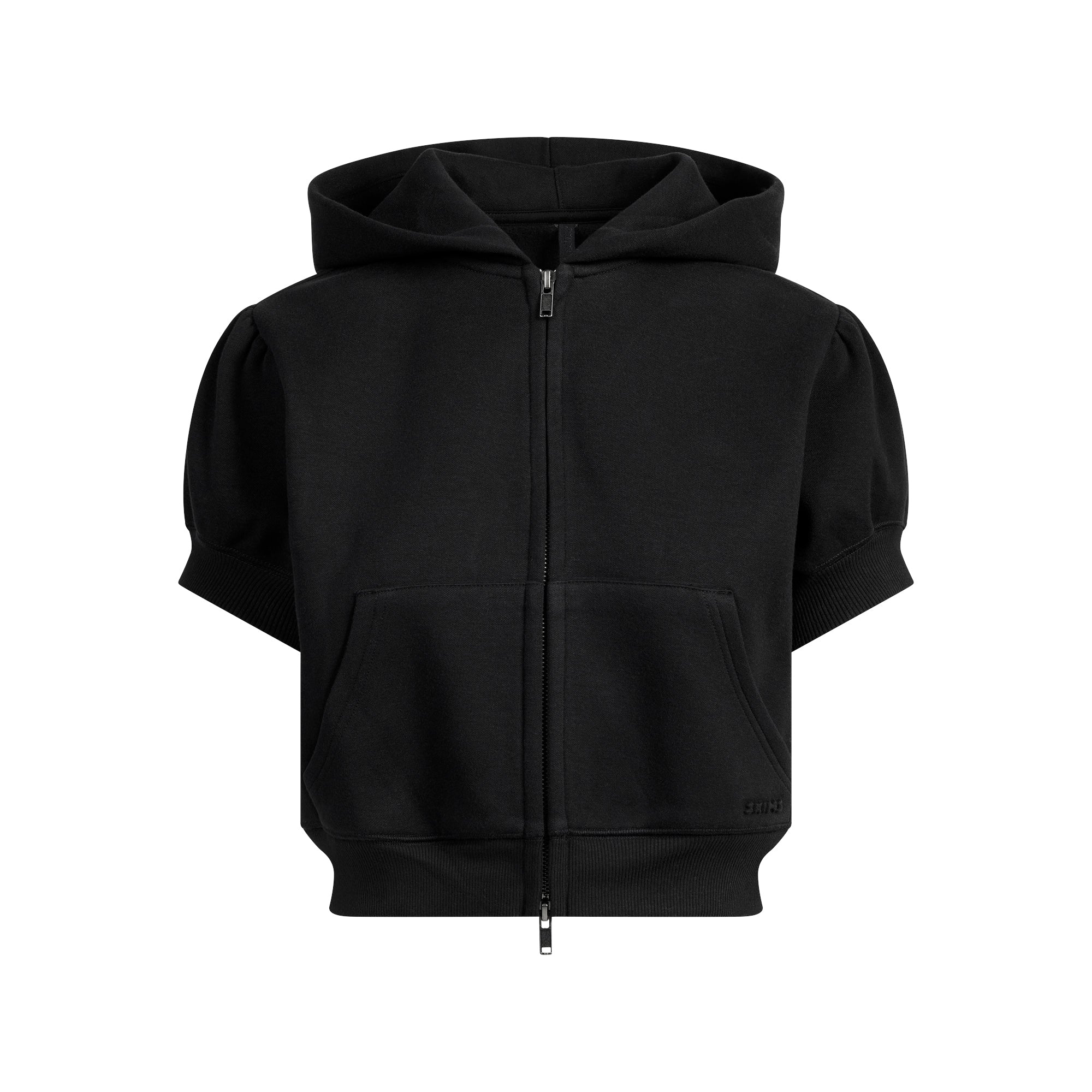 COTTON FLEECE BUBBLE SLEEVE CROPPED ZIP UP | ONYX FLAT ON A WHITE BACKGROUND | FLT