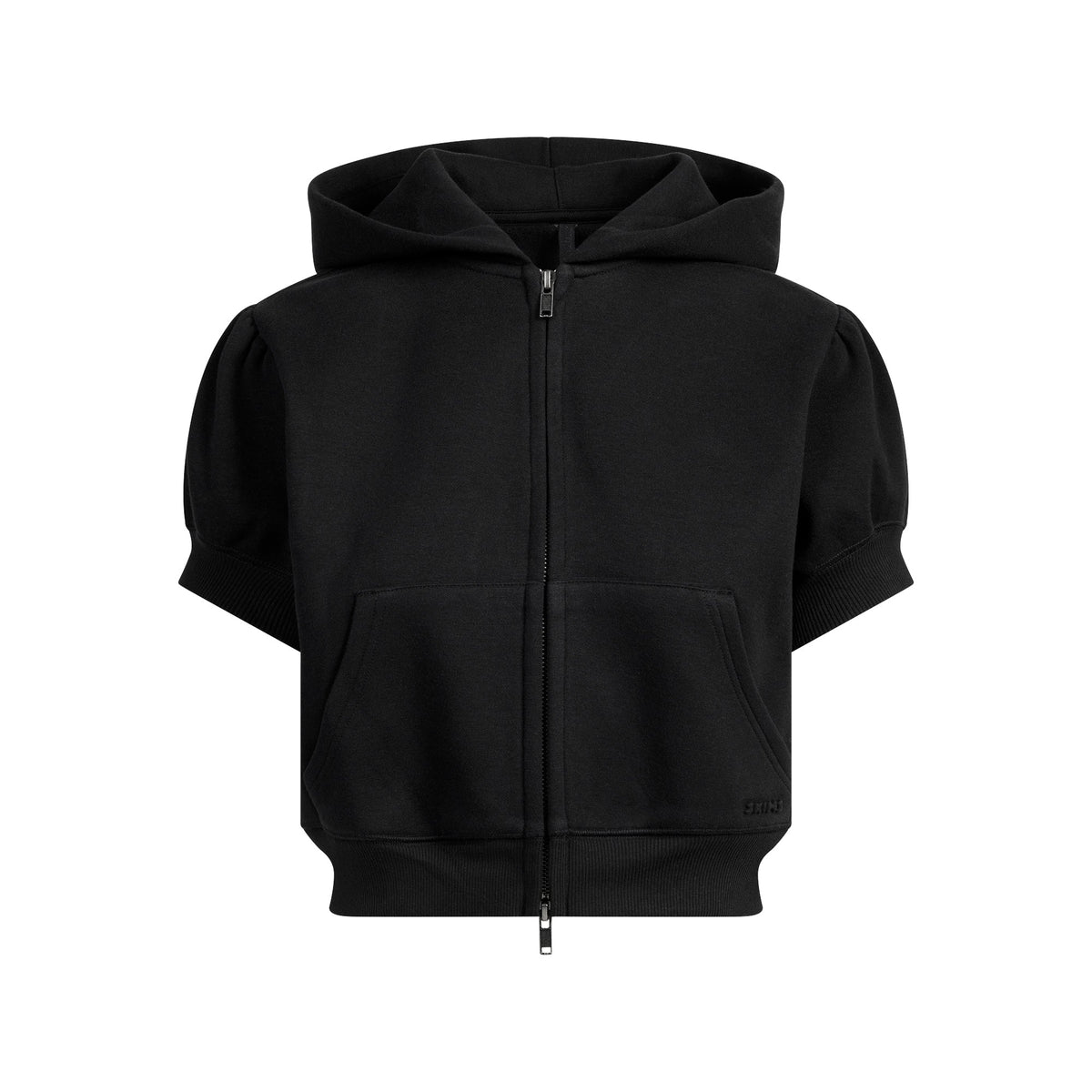 COTTON FLEECE BUBBLE SLEEVE CROPPED ZIP UP | ONYX FLAT ON A WHITE BACKGROUND | FLT