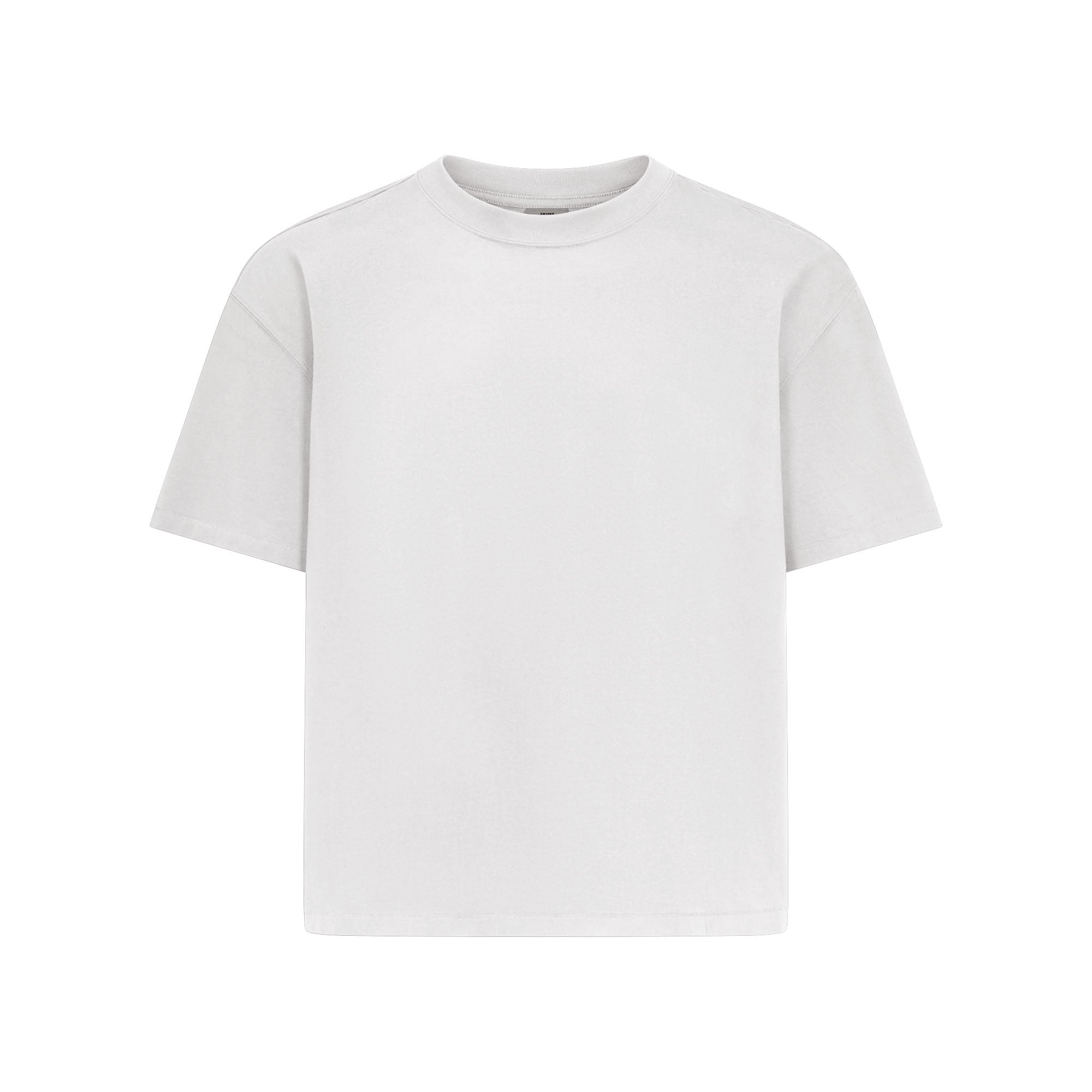 HEAVYWEIGHT COTTON MENS RELAXED CROPPED CREW NECK T-SHIRT | CHALK FLAT ON A WHITE BACKGROUND @ | FOCUS: 0.0, 1.0, 0.9