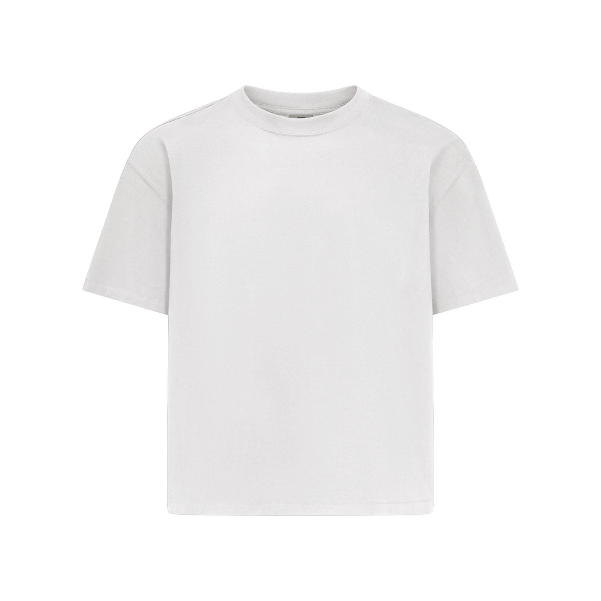 HEAVYWEIGHT COTTON MENS RELAXED CROPPED CREW NECK T-SHIRT | CHALK FLAT ON A WHITE BACKGROUND @ | FOCUS: 0.0, 1.0, 0.9