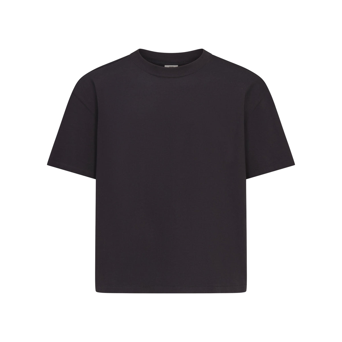 HEAVYWEIGHT COTTON MENS RELAXED CROPPED CREW NECK T-SHIRT | OBSIDIAN FLAT ON A WHITE BACKGROUND @ | FOCUS: 0.0, 1.0, 0.9