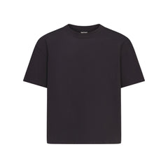 HEAVYWEIGHT COTTON MENS RELAXED CROPPED CREW NECK T-SHIRT | OBSIDIAN FLAT ON A WHITE BACKGROUND @ | FOCUS: 0.0, 1.0, 0.9