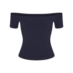 COTTON JERSEY OFF THE SHOULDER TOP | NAVY FLAT ON A WHITE BACKGROUND | FLT