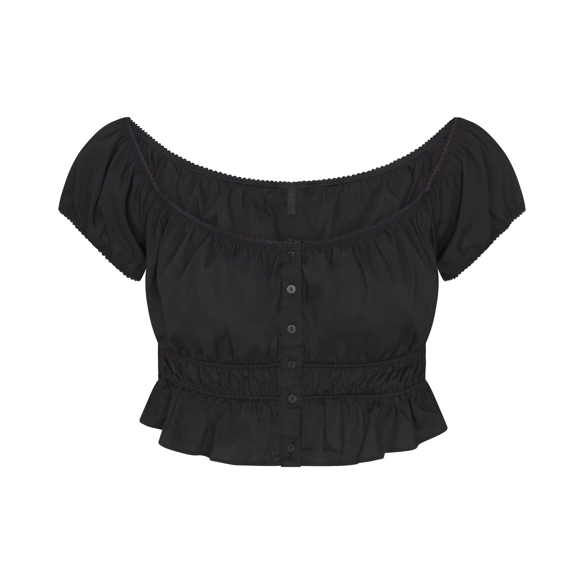 COTTON POPLIN OFF THE SHOULDER TOP | ONYX FLAT ON A WHITE BACKGROUND | FLT