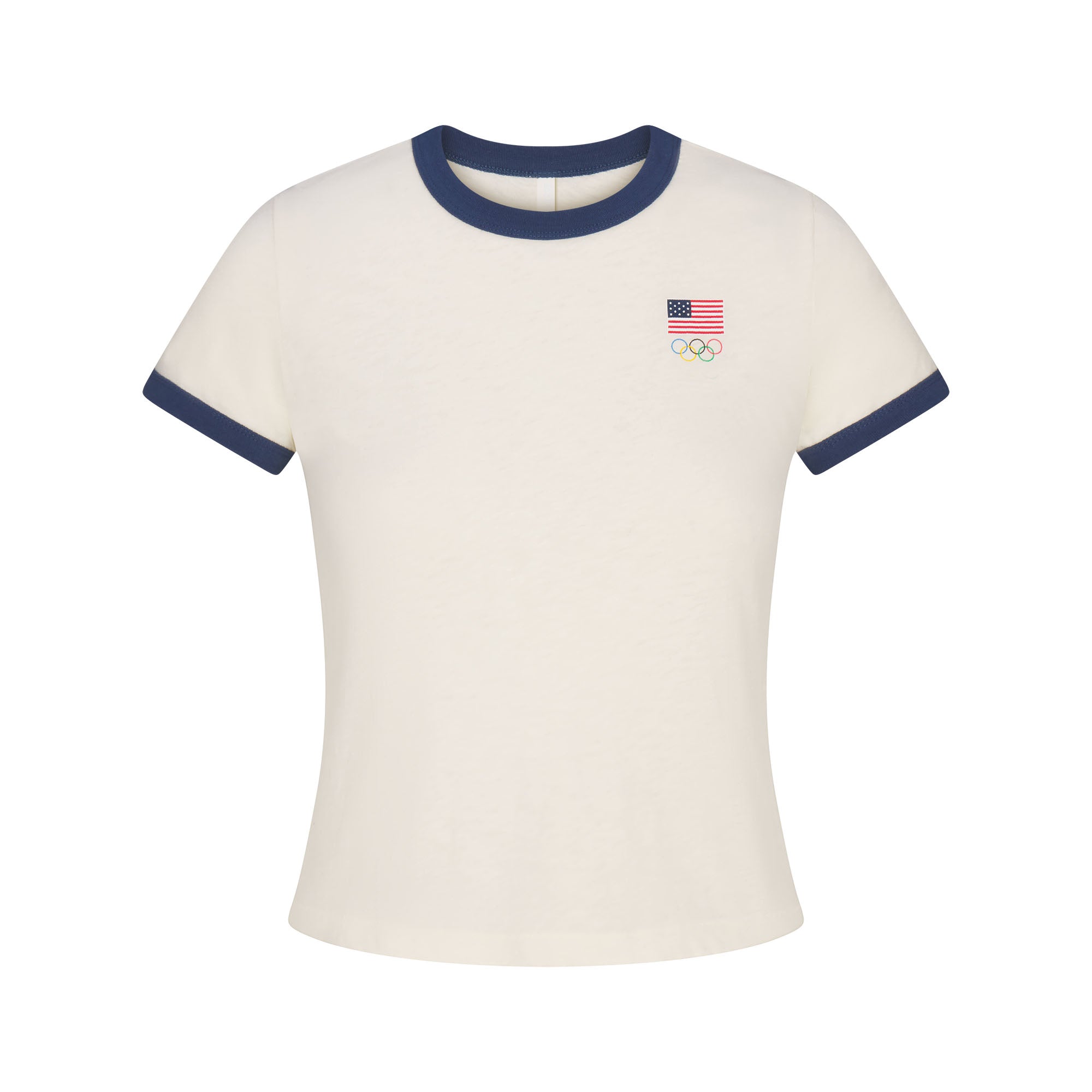 SKIMS FOR TEAM USA WORN IN JERSEY OLYMPIC SHRUNKEN T-SHIRT | ECRUFLAT ON A WHITE BACKGROUND | FLT
