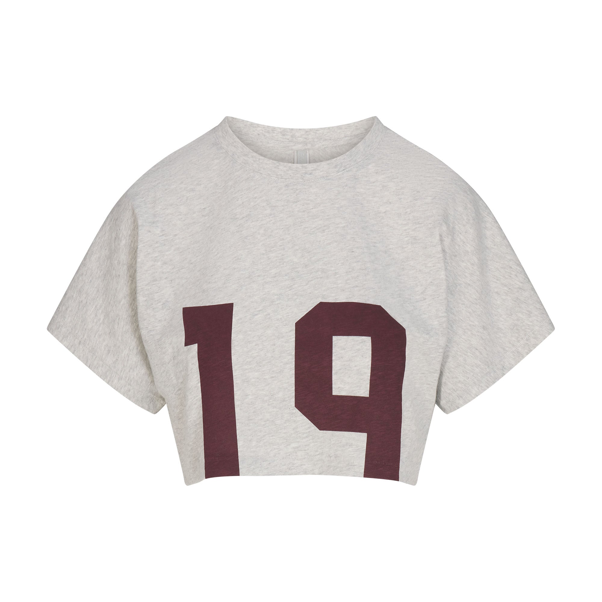 WORN IN JERSEY SUPER CROPPED T-SHIRT | CURRANT 19 PRINT & LAYS FLAT ON A WHITE BACKGROUND | FLT