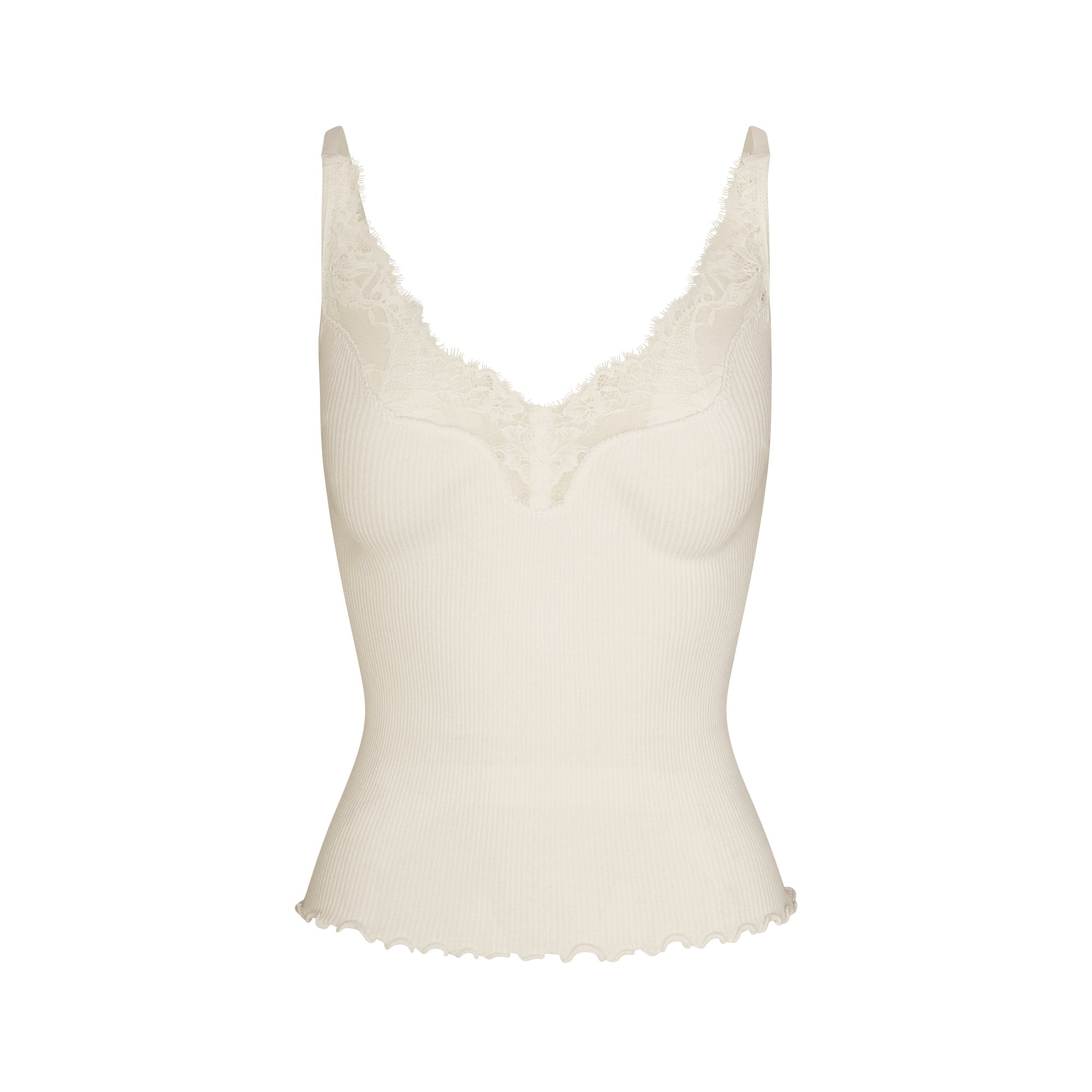 RIB KNIT LACE CAMI | EGRET FLAT ON A WHITE BACKGROUND | FLT
