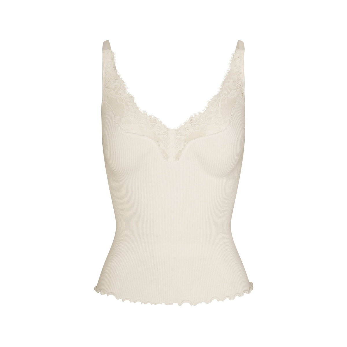 RIB KNIT LACE CAMI | EGRET FLAT ON A WHITE BACKGROUND | FLT
