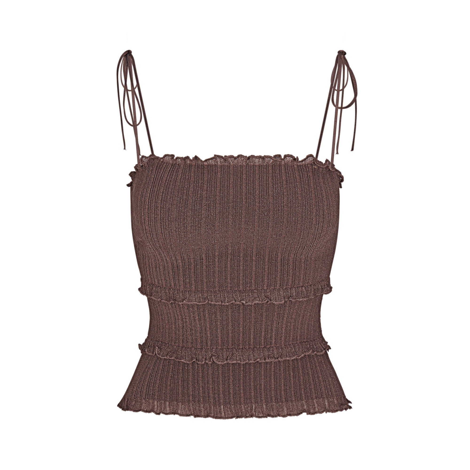 SHEER KNIT RUFFLE CAMI | AMETHYST FLAT ON A WHITE BACKGROUND | FLT