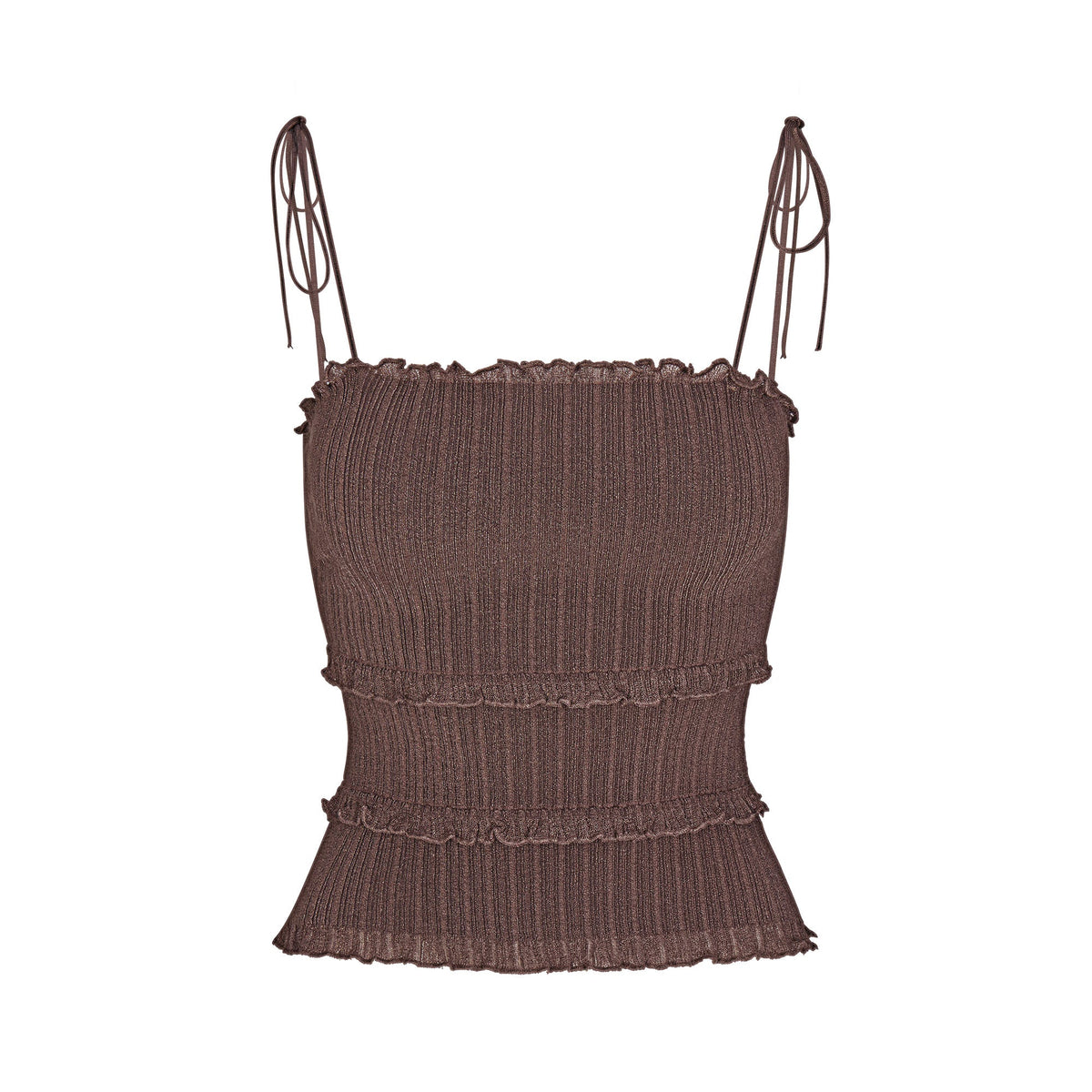 SHEER KNIT RUFFLE CAMI | AMETHYST FLAT ON A WHITE BACKGROUND | FLT