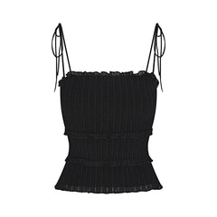 SHEER KNIT RUFFLE CAMI | ONYX FLAT ON A WHITE BACKGROUND | FLT