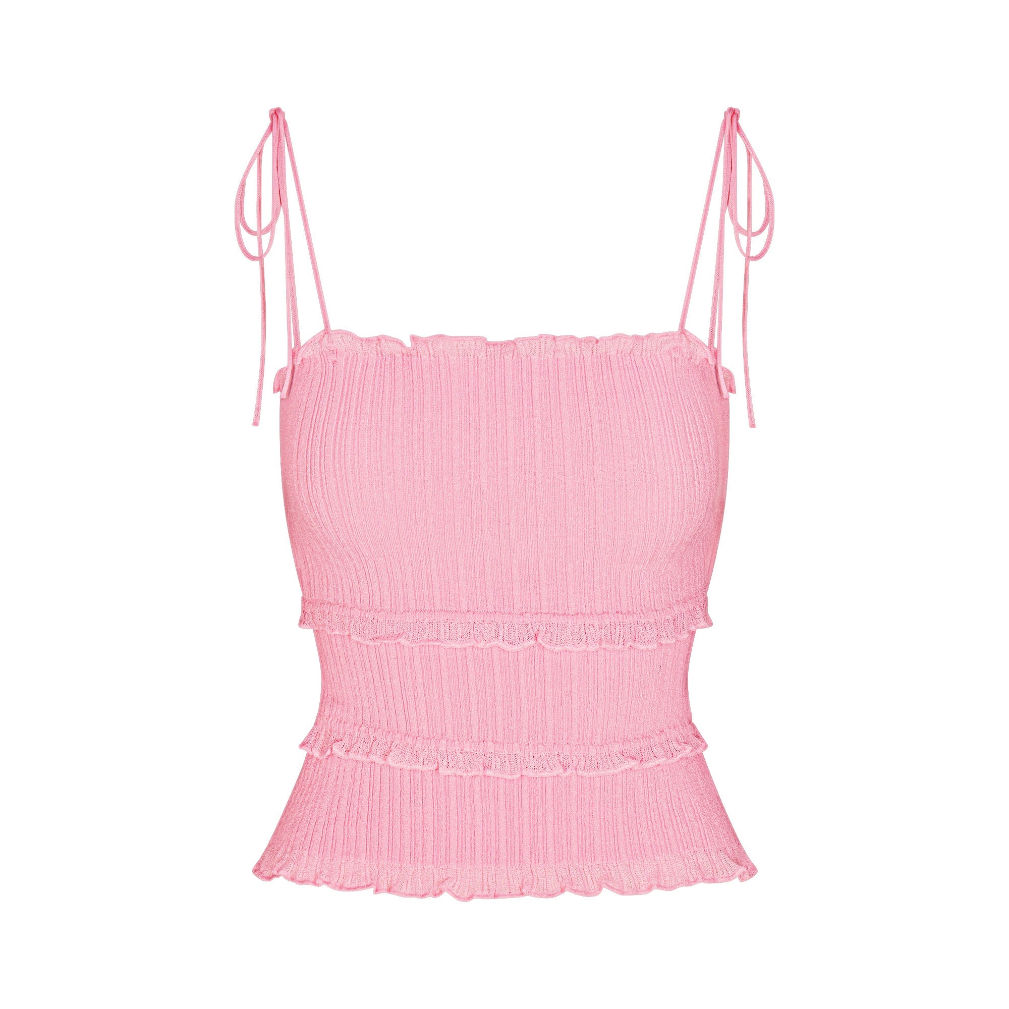 SHEER KNIT RUFFLE CAMI | PEONY FLAT ON A WHITE BACKGROUND | FLT
