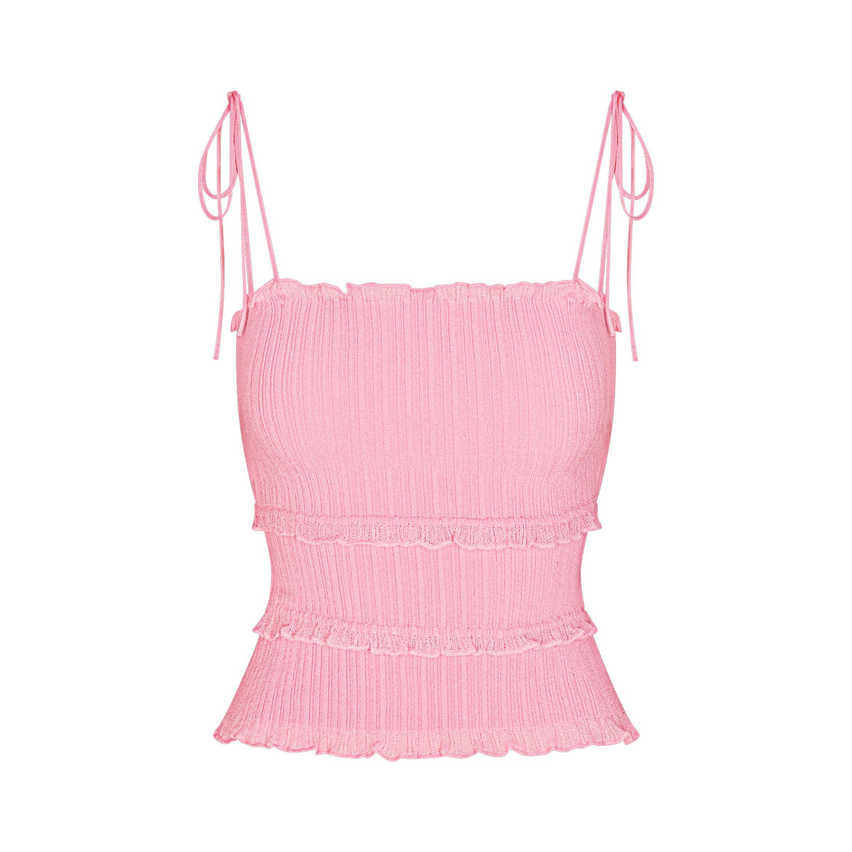 SHEER KNIT RUFFLE CAMI | PEONY FLAT ON A WHITE BACKGROUND | FLT