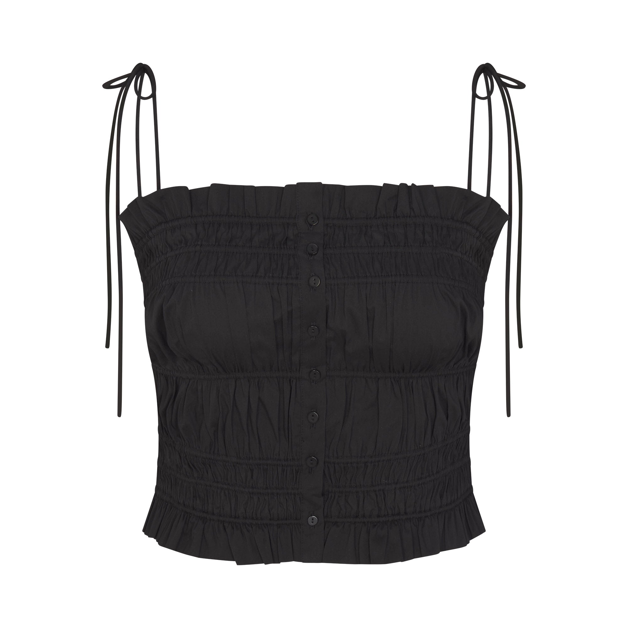 COTTON POPLIN RUFFLE CAMI | ONYX FLAT ON A WHITE BACKGROUND | FLT