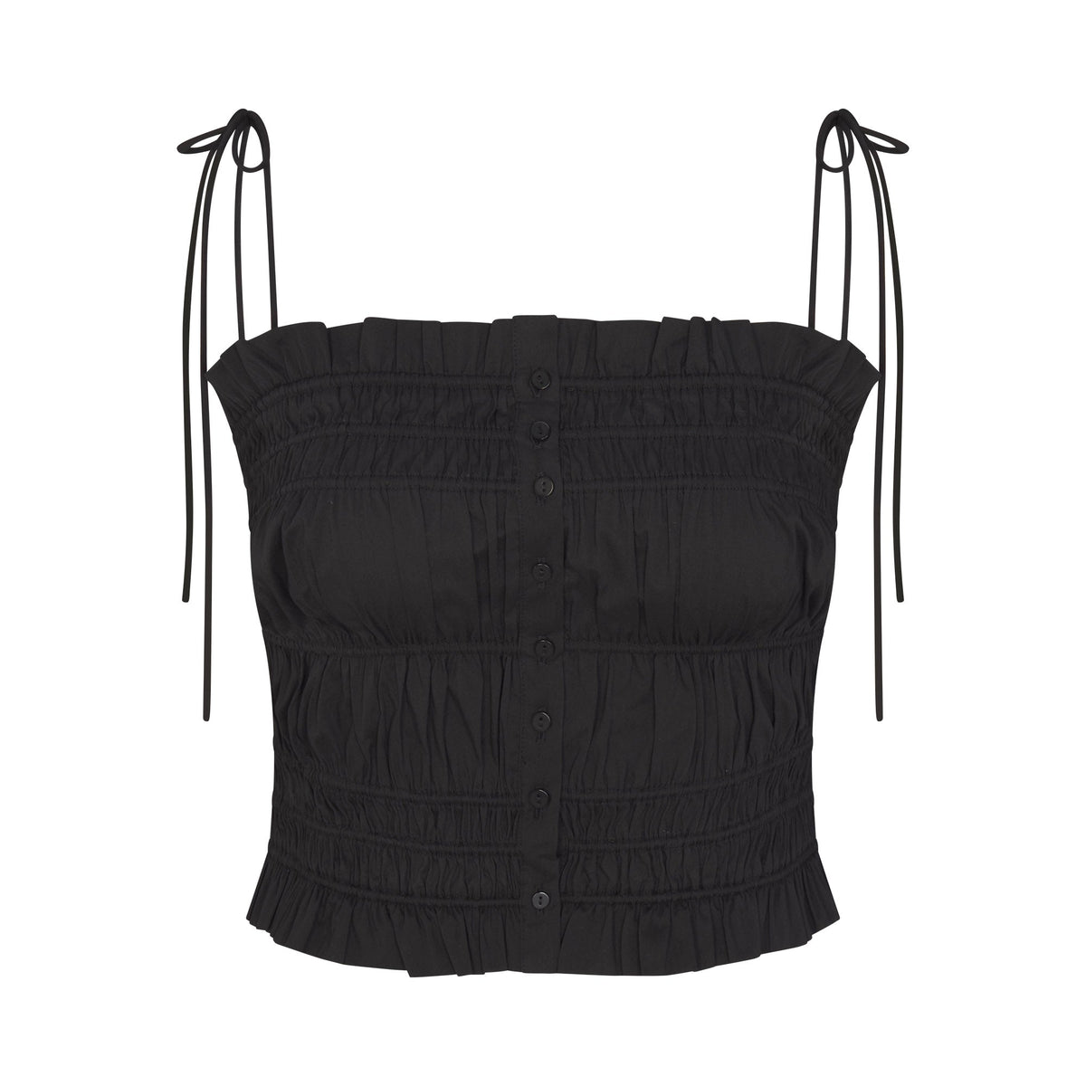 COTTON POPLIN RUFFLE CAMI | ONYX FLAT ON A WHITE BACKGROUND | FLT