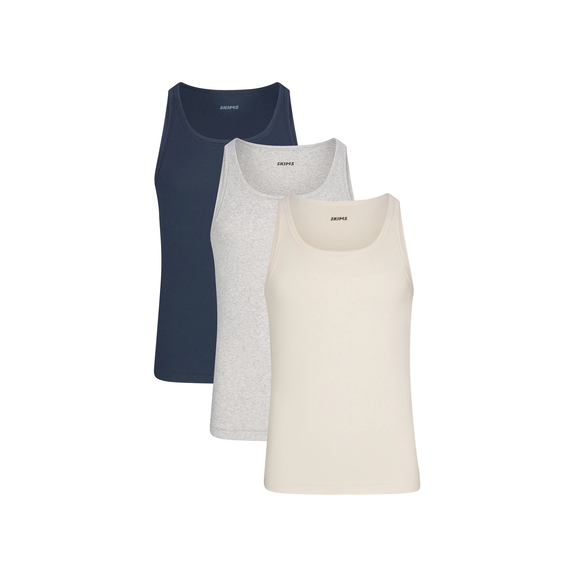 SKIMS COTTON MENS RIB TANK 3-PACK | ECRU MULTIFLAT ON A WHITE BACKGROUND | FLT