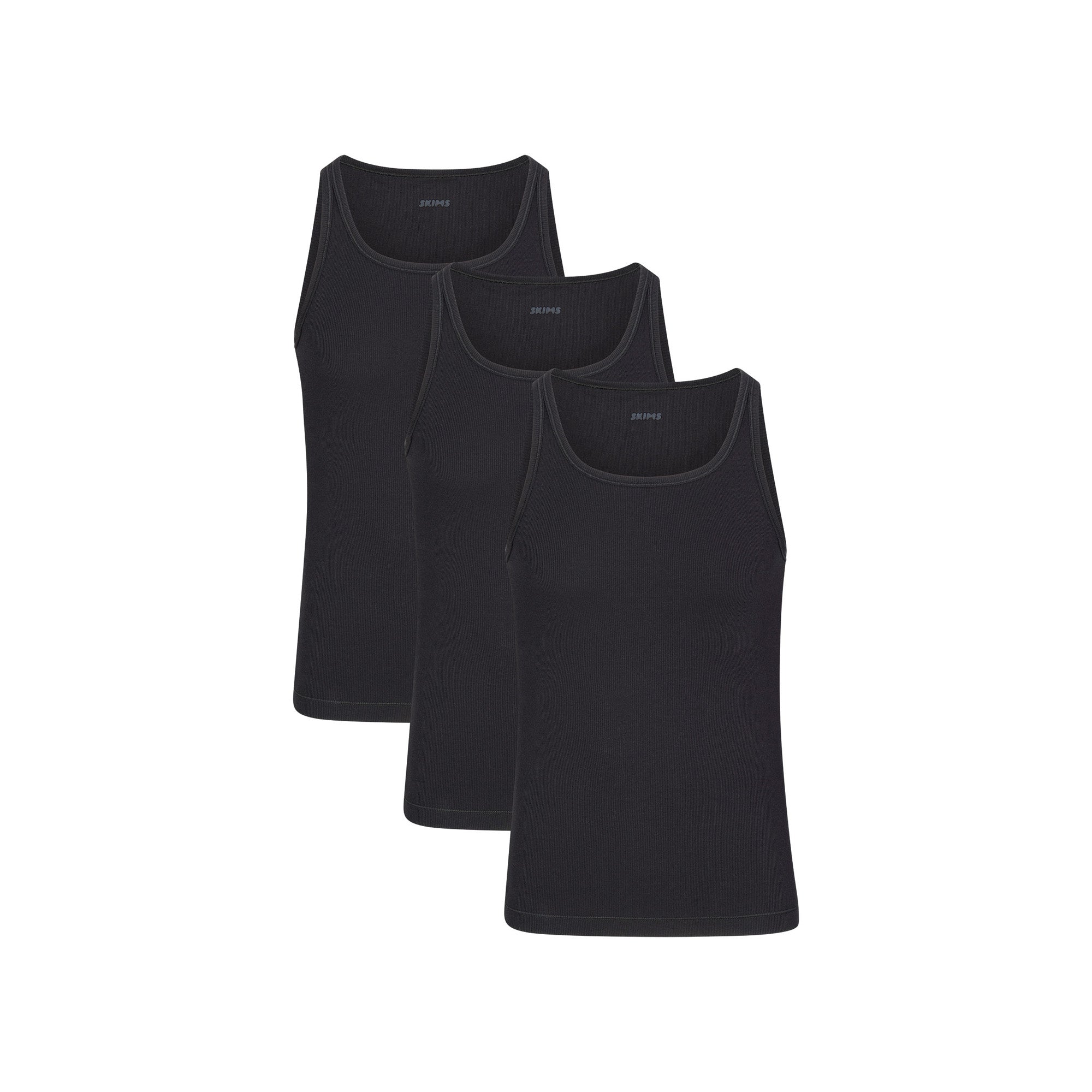 SKIMS COTTON MENS RIB TANK 3-PACK LAYS FLAT ON A WHITE BACKGROUND | FLT  | FOCUS: 0.0, 1.0, 0.9