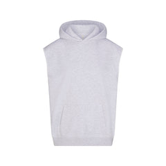 COTTON FLEECE OVERSIZED SLEEVELESS HOODIE | LIGHT HEATHER GREY & LAYS FLAT ON A WHITE BACKGROUND | FLT