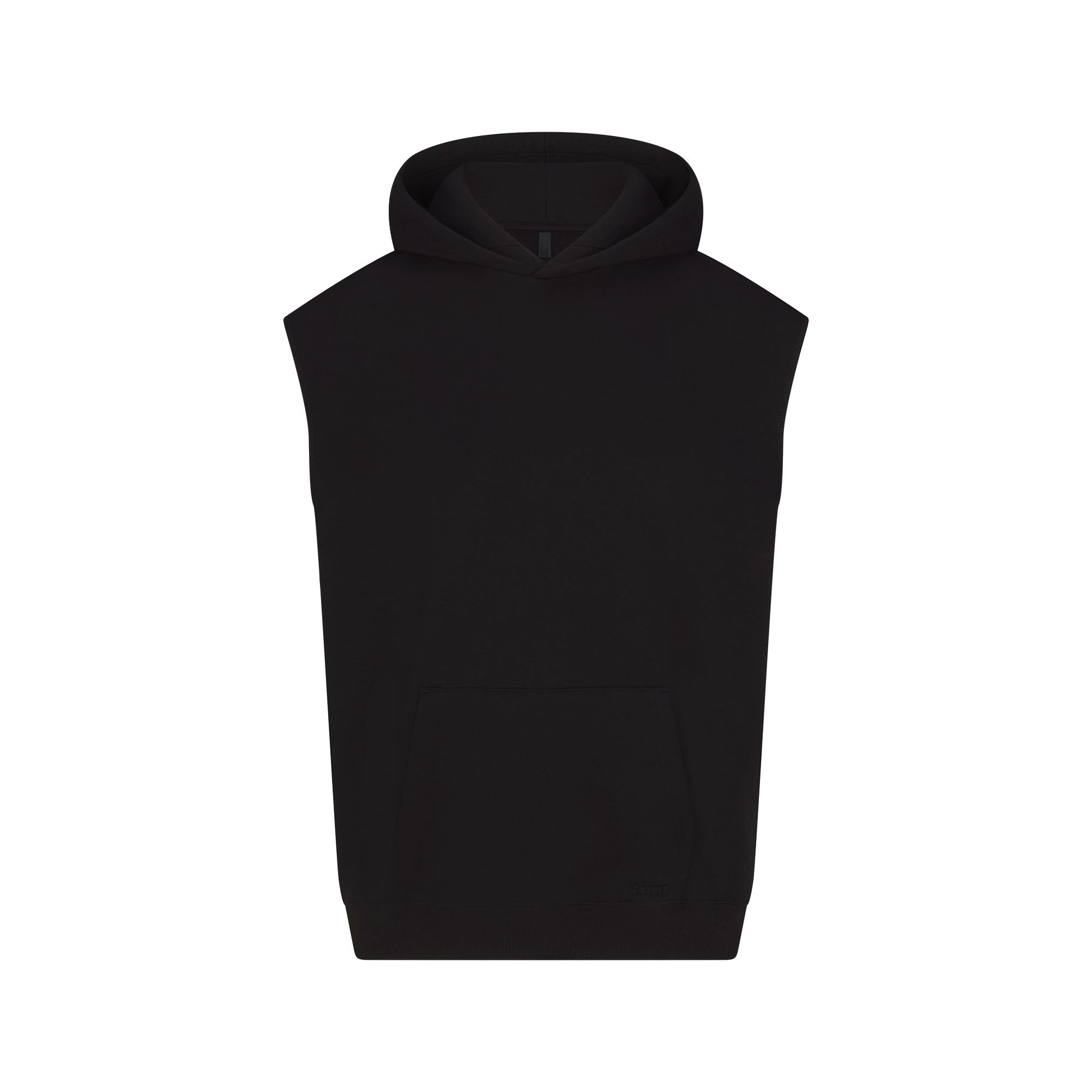 COTTON FLEECE OVERSIZED SLEEVELESS HOODIE | ONYX & LAYS FLAT ON A WHITE BACKGROUND | FLT