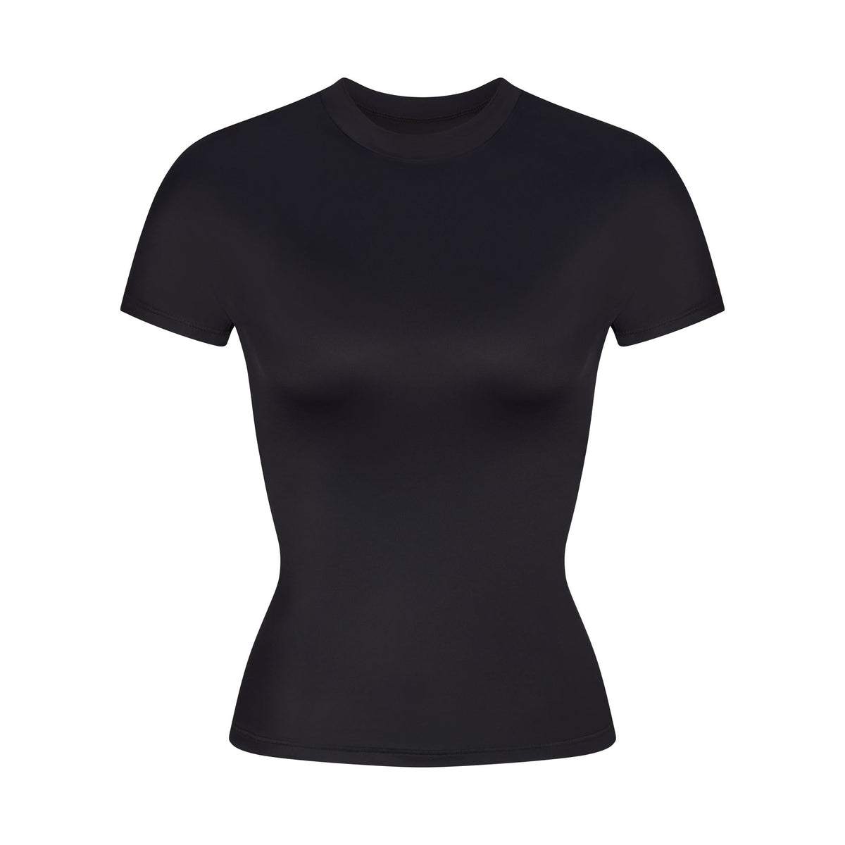 NikeSKIMS SHINE SHORT SLEEVE MOCK NECK TOP | OBSIDIAN FLAT ON A WHITE BACKGROUND | FLT
