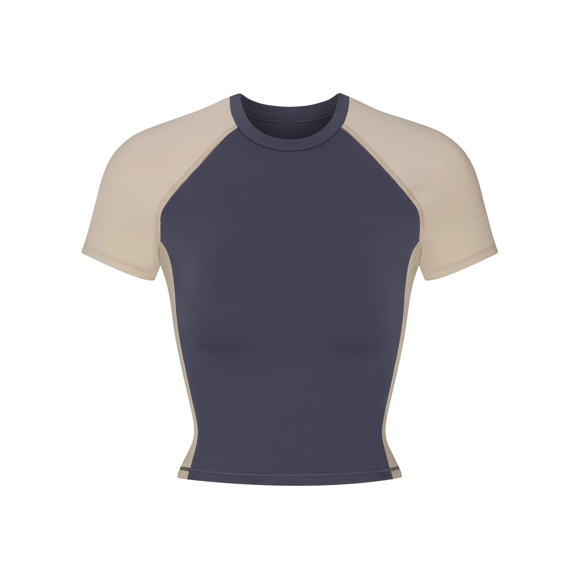 NikeSKIMS MATTE AND SHINE CREWNECK CROP SHORT SLEEVE | DEEP ROYAL/STONE FLAT ON A WHITE BACKGROUND | FLT