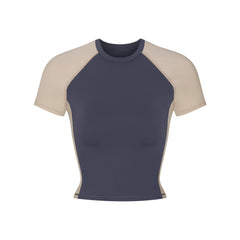 NikeSKIMS MATTE AND SHINE CREWNECK CROP SHORT SLEEVE | DEEP ROYAL/STONE FLAT ON A WHITE BACKGROUND | FLT