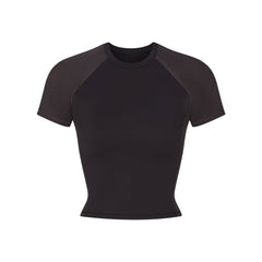 NikeSKIMS MATTE AND SHINE CREWNECK CROP SHORT SLEEVE | OBSIDIAN/IGNEOUS FLAT ON A WHITE BACKGROUND | FLT
