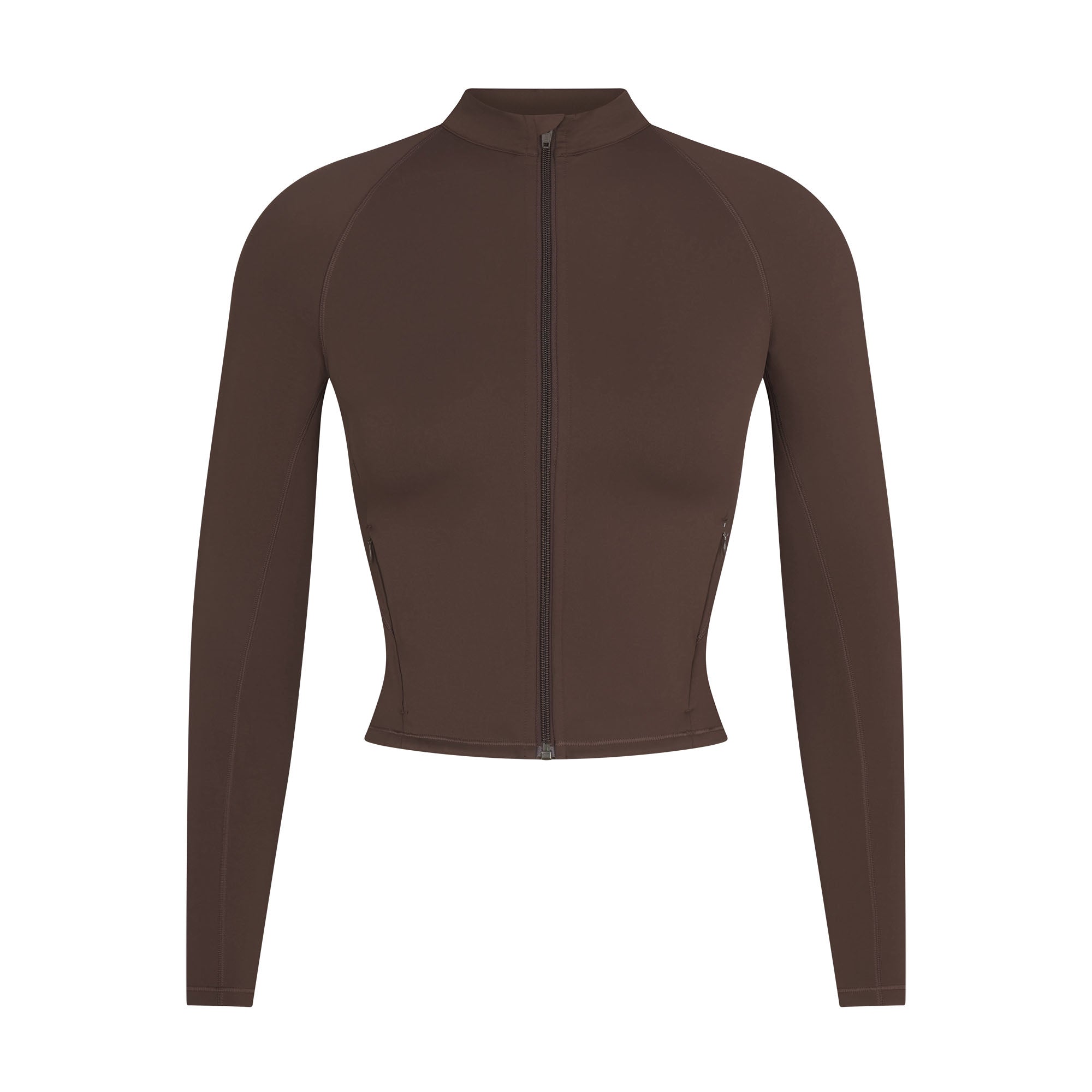 NikeSKIMS MATTE MOCK NECK FULL ZIP JACKET | DARK SEPIA FLAT ON A WHITE BACKGROUND | FLT