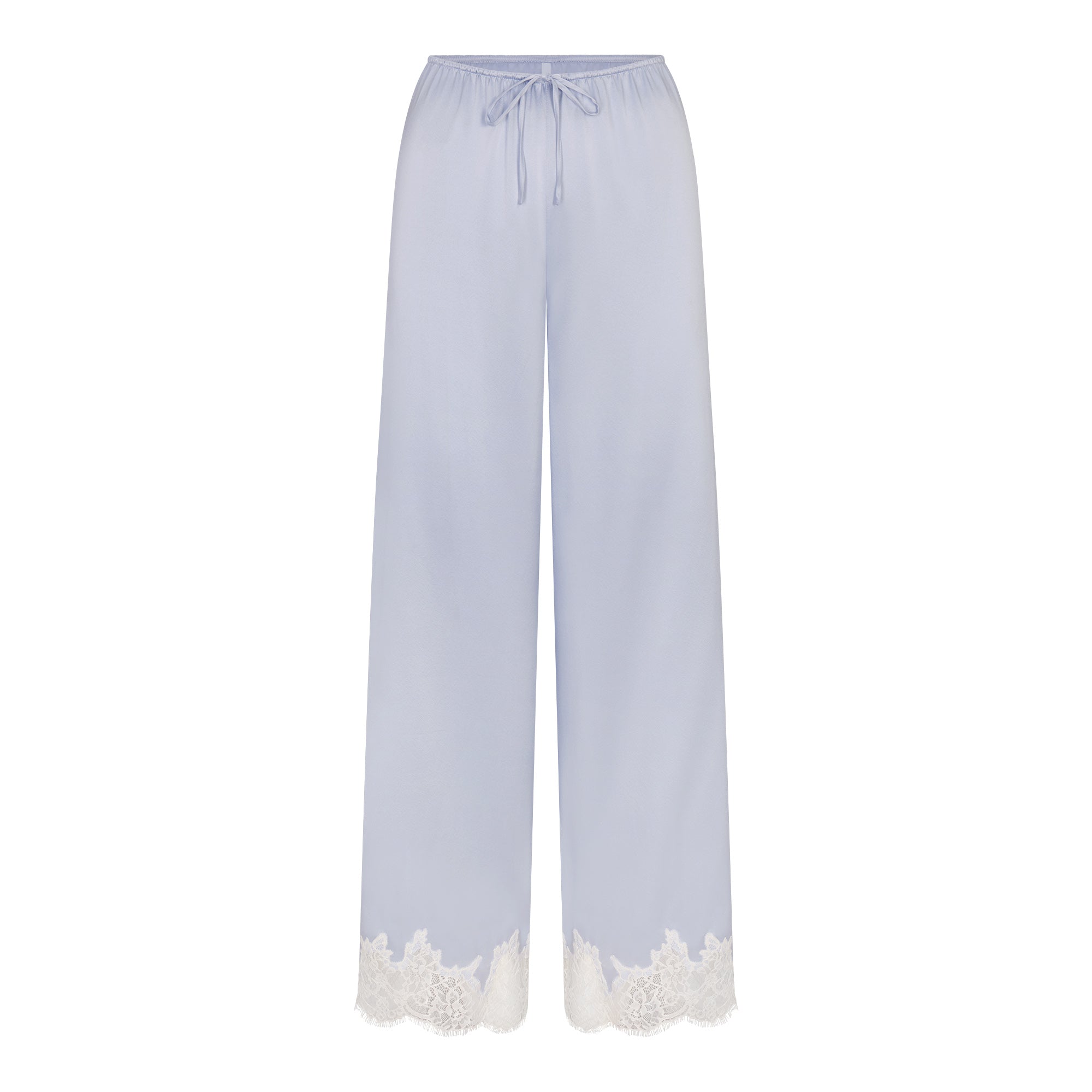 SILK LACE STRAIGHT LEG PANT | PERIWINKLE CONTRAST FLAT ON A WHITE BACKGROUND | FLT