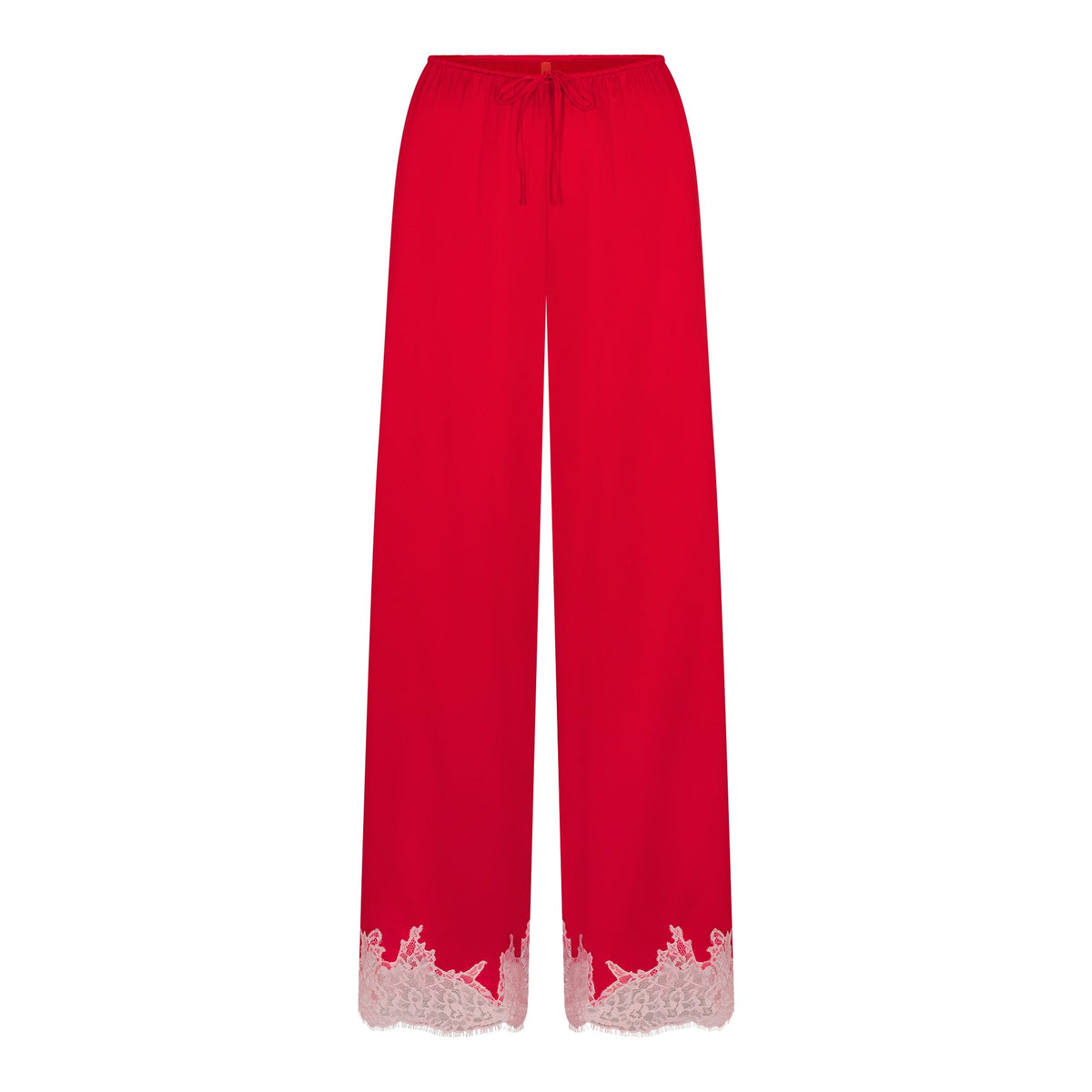 SILK LACE STRAIGHT LEG PANT | RUBY CONTRAST FLAT ON A WHITE BACKGROUND | FLT