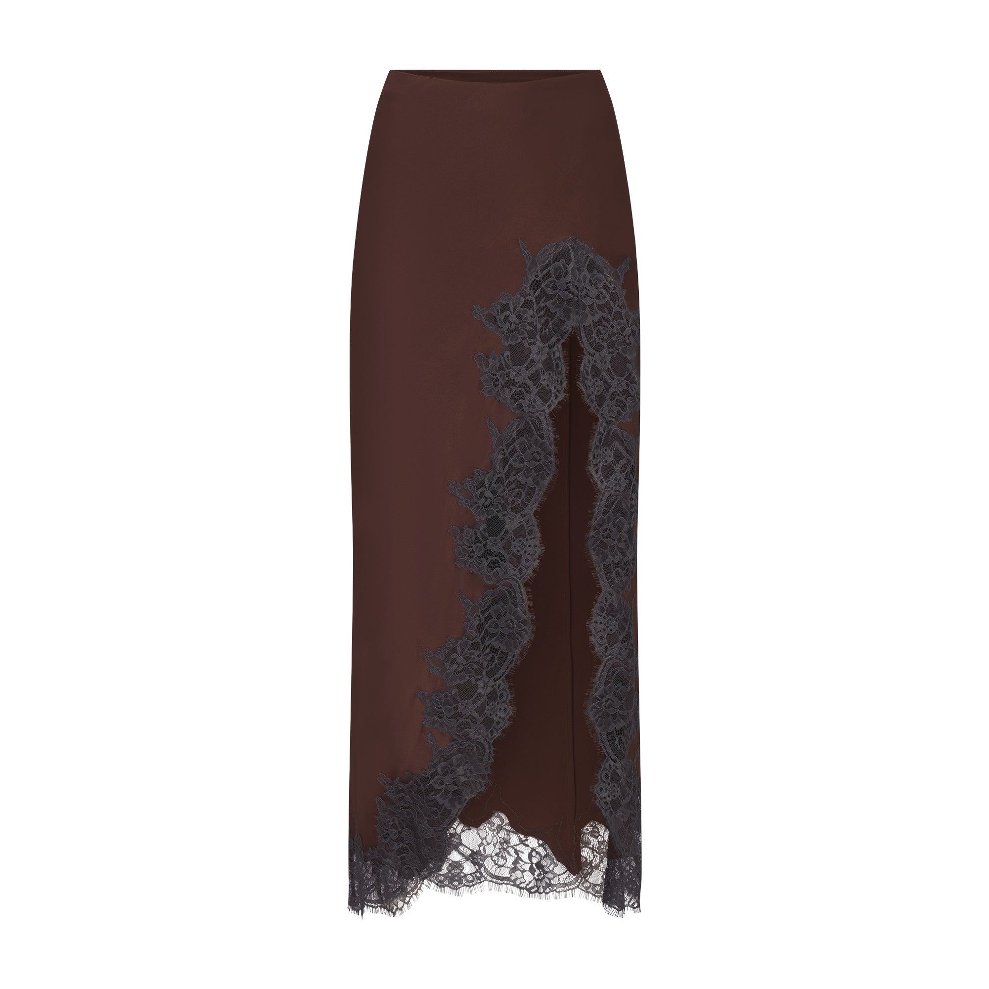 SILK LACE SLIP MIDI SKIRT | ESPRESSO CONTRAST FLAT ON A WHITE BACKGROUND | FLT
