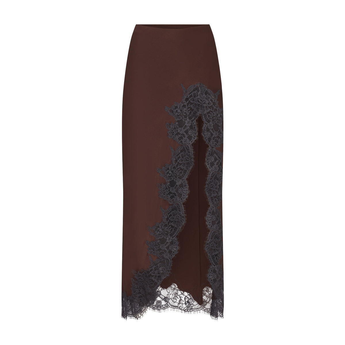 SILK LACE SLIP MIDI SKIRT | ESPRESSO CONTRAST FLAT ON A WHITE BACKGROUND | FLT